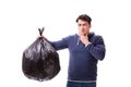 The man with garbage sack isolated on white Royalty Free Stock Photo