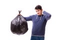 The man with garbage sack isolated on white Royalty Free Stock Photo