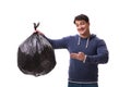 The man with garbage sack isolated on white Royalty Free Stock Photo