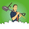 Man with garden tools. Vector illustration in retro comic pop art style Royalty Free Stock Photo
