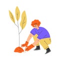 Man Gardener Character in Gloves Planting Tree in Soil Vector Illustration