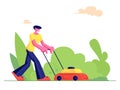 Man Gardener Cutting Green Grass with Lawn Mower, Farmer Mowing Garden Backyard, Gardening Work, Service, Household Royalty Free Stock Photo