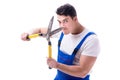 Man gardener with gardening scissors on white background isolate Royalty Free Stock Photo