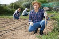 Man gardener with hoe at smallholding