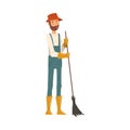 Man Gardener Sweeping with Broom, Cheerful Male Farmer Character in veralls Working at Garden or Farm Vector