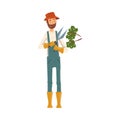 Man Gardener Trimming Tree Branches with Pruner, Cheerful Male Farmer Character in veralls Working at Garden or Farm