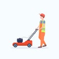 Man gardener in uniform cutting grass with lawn mower gardening concept flat full length white background Royalty Free Stock Photo