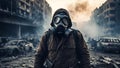 Man with gas mask on city street destroyed by war, generative ai Royalty Free Stock Photo