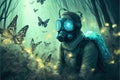 Man in gas mask conjuring enchanted butterflies amid post-apocalyptic ruins. Illustration painting