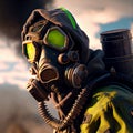 Man in gas mask and dramatic sky, apocalypse and war theme Royalty Free Stock Photo