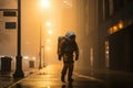 Man in a gas mask and hood walking on the street at night, astronaut in a foggy street