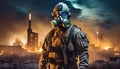 a man in a gas mask in an infested city