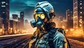 a man in a gas mask in an infested city