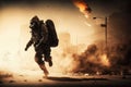 Man with gas mask and oxygen tank running from dust storm with fire, environmental disaster, warming and drought