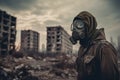 Man with gas mask in polluted industrial landscape Generative AI