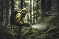 Man with Gas Mask Spraying Poison on Pristine Nature: Symbol of Pollution and Destruction by Humans