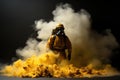 A man in a gas mask standing in a cloud of smoke. Generative AI image. Royalty Free Stock Photo