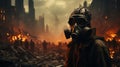 A man in a gas mask stands in a ruined city