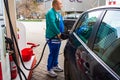 Man at gas station filling up the car with petrol in Bucharest, Romania, 2020