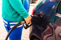 Man at gas station filling up the car with petrol in Bucharest, Romania, 2020