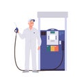 Man gas station worker cartoon character in uniform holding filling gun standing nearby petrol pump Royalty Free Stock Photo