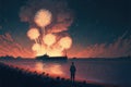 A man admires destroyed vessels on the shore amid a display of pyrotechnics