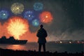 A man admires destroyed vessels on the shore amid a display of pyrotechnics
