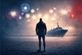 A man admires destroyed vessels on the shore amid a display of pyrotechnics