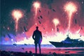 A man admires destroyed vessels on the shore amid a display of pyrotechnics