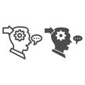 Man with gear in head, arrow, speech bubble line and solid icon, thought concept, interpreter vector sign on white