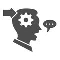 Man with gear in head, arrow, speech bubble solid icon, thought concept, interpreter vector sign on white background