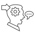 Man with gear in head, arrow, speech bubble thin line icon, thought concept, interpreter vector sign on white background