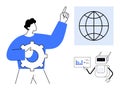 Man with gear pointing at globe and robot analyzing data on tablet Royalty Free Stock Photo