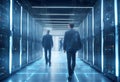 man generative data engineer computers server ai hologram network walking center room datum technology cloud computer rack
