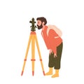 Man geologist cartoon character taking measures with theodolite isolated on white background