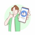 Man gesturing thumbs up and showing smartphone. Online marketing business concept. Hand drawn flat character