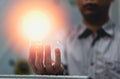 Man get idea look like glowing bulb Royalty Free Stock Photo