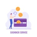 Man gets refund on credit card. Cashback service and online money refund. Concept of transfer money, e-commerce, saving account. Royalty Free Stock Photo