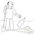 Man gets rid of alcohol addiction. He buries the bottle. Outline illustration