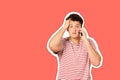 Man getting bad news on the phone. emotional guy isolated Magazine collage style with trendy color