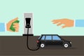 Man getting fuel in his car and giving money concept vector. Taking fuel in the car at a gas station with money in hand. Electric Royalty Free Stock Photo