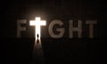 Man Getting Out From A Dark Room Thought A Big Cross Light Door. Fight gate and Fighting For faith. Salvation, Royalty Free Stock Photo