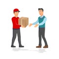Man getting package from courier. Cartoon people characters. Young smiling man dressed in working uniform. Delivery