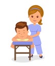 Man getting relaxing massage in spa. Masseuse makes wellness massage. Isolated vector illustration in the flat style