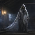 a man in a ghost costume standing in a dark room