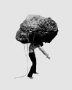 Man with giant heavy stone connected to him with rinks. Expectations, social pressure, negative thoughts. Conceptual