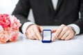 Man with gift box and wedding ring Royalty Free Stock Photo