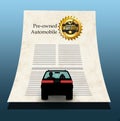 A man and girl in a car drive up onto a huge extended warranty agreement document for pre-owned automobiles