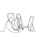 Man and girl doing work and discussion for project with a computer. One continuous line drawing vector illustration of two person