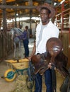 Man and girl harnessing horse in stable Royalty Free Stock Photo